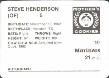 1984 Mother's Cookies Seattle Mariners #21 Steve Henderson Back