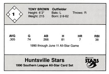 1990 Jennings Southern League All-Stars #1 Tony Brown Back