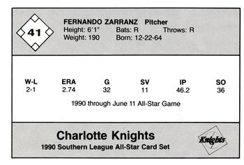 1990 Jennings Southern League All-Stars #41 Fernando Zarranz Back
