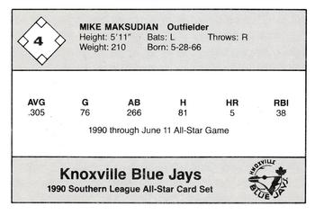 1990 Jennings Southern League All-Stars #4 Mike Maksudian Back