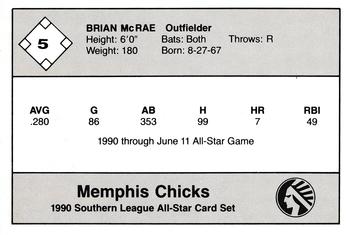1990 Jennings Southern League All-Stars #5 Brian McRae Back