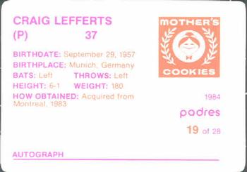 1984 Mother's Cookies San Diego Padres #19 Craig Lefferts Back