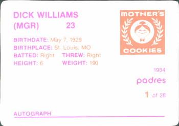 1984 Mother's Cookies San Diego Padres #1 Dick Williams Back