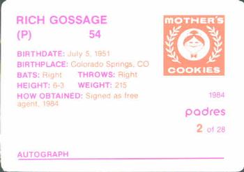 1984 Mother's Cookies San Diego Padres #2 Rich Gossage Back