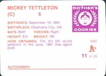 1985 Mother's Cookies Oakland Athletics #11 Mickey Tettleton Back
