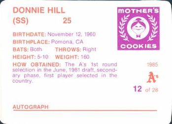 1985 Mother's Cookies Oakland Athletics #12 Donnie Hill Back
