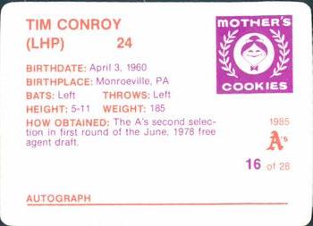 1985 Mother's Cookies Oakland Athletics #16 Tim Conroy Back
