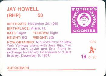 1985 Mother's Cookies Oakland Athletics #18 Jay Howell Back
