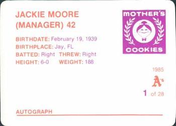 1985 Mother's Cookies Oakland Athletics #1 Jackie Moore Back
