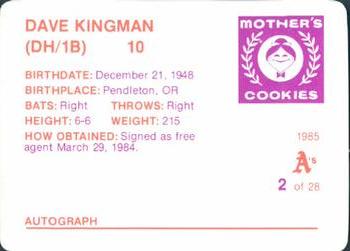 1985 Mother's Cookies Oakland Athletics #2 Dave Kingman Back
