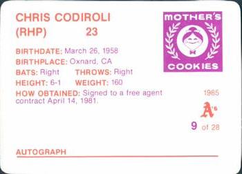 1985 Mother's Cookies Oakland Athletics #9 Chris Codiroli Back