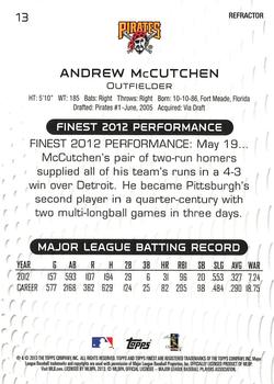2013 Finest - Orange Refractors #13 Andrew McCutchen Back