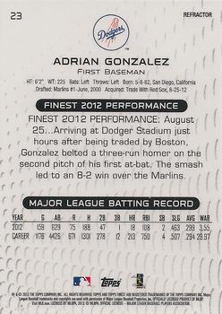 2013 Finest - Orange Refractors #23 Adrian Gonzalez Back