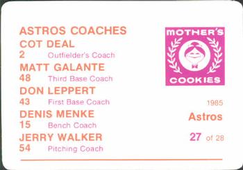 1985 Mother's Cookies Houston Astros #27 Astros' Coaches (Don Leppert / Jerry Walker / Denis Menke / Matt Galante / Cot Deal) Back