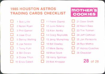 1985 Mother's Cookies Houston Astros #28 Checklist Back