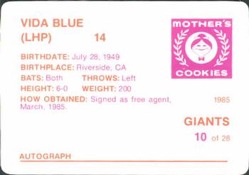 1985 Mother's Cookies San Francisco Giants #10 Vida Blue Back