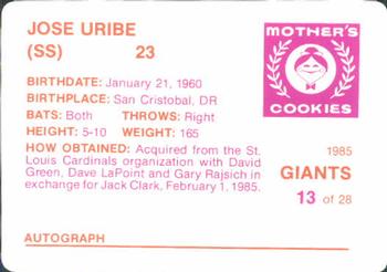 1985 Mother's Cookies San Francisco Giants #13 Jose Uribe Back
