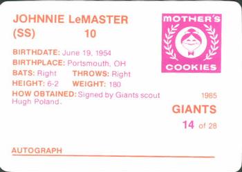 1985 Mother's Cookies San Francisco Giants #14 Johnnie LeMaster Back