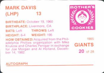 1985 Mother's Cookies San Francisco Giants #20 Mark Davis Back