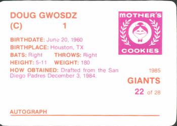 1985 Mother's Cookies San Francisco Giants #22 Doug Gwosdz Back
