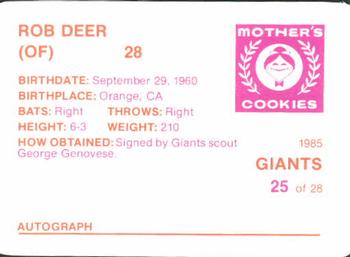 1985 Mother's Cookies San Francisco Giants #25 Rob Deer Back
