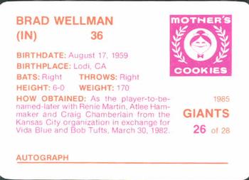 1985 Mother's Cookies San Francisco Giants #26 Brad Wellman Back