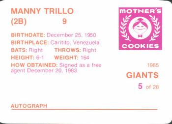 1985 Mother's Cookies San Francisco Giants #5 Manny Trillo Back