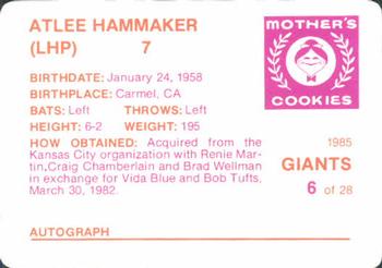 1985 Mother's Cookies San Francisco Giants #6 Atlee Hammaker Back