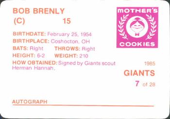 1985 Mother's Cookies San Francisco Giants #7 Bob Brenly Back