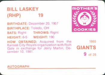 1985 Mother's Cookies San Francisco Giants #9 Bill Laskey Back