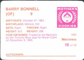 1985 Mother's Cookies Seattle Mariners #10 Barry Bonnell Back