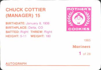 1985 Mother's Cookies Seattle Mariners #1 Chuck Cottier Back