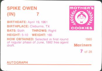 1985 Mother's Cookies Seattle Mariners #7 Spike Owen Back