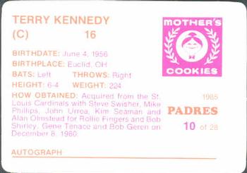 1985 Mother's Cookies San Diego Padres #10 Terry Kennedy Back