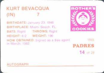 1985 Mother's Cookies San Diego Padres #14 Kurt Bevacqua Back