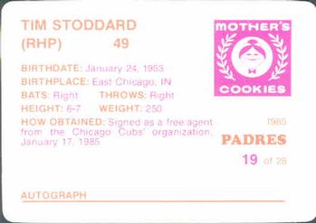 1985 Mother's Cookies San Diego Padres #19 Tim Stoddard Back