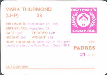 1985 Mother's Cookies San Diego Padres #21 Mark Thurmond Back