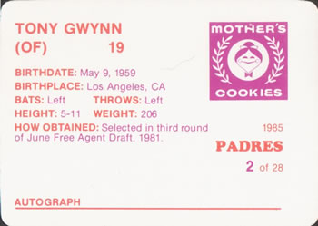 1985 Mother's Cookies San Diego Padres #2 Tony Gwynn Back
