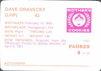 1985 Mother's Cookies San Diego Padres #8 Dave Dravecky Back