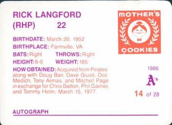 1986 Mother's Cookies Oakland Athletics #14 Rick Langford Back