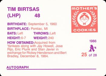 1986 Mother's Cookies Oakland Athletics #25 Tim Birtsas Back
