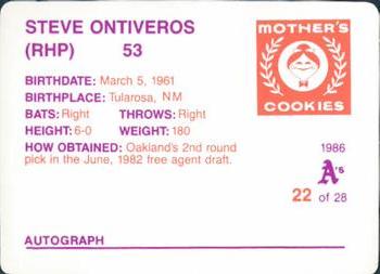 1986 Mother's Cookies Oakland Athletics #22 Steve Ontiveros Back