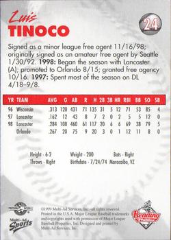 1999 Multi-Ad Reading Phillies #24 Luis Tinoco Back