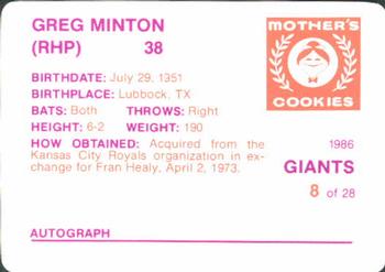 1986 Mother's Cookies San Francisco Giants #8 Greg Minton Back