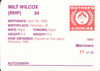 1986 Mother's Cookies Seattle Mariners #11 Milt Wilcox Back