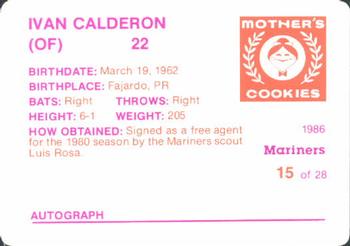 1986 Mother's Cookies Seattle Mariners #15 Ivan Calderon Back
