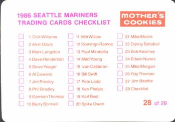 1986 Mother's Cookies Seattle Mariners #28 Mariners Coaches (Deron Johnson / Marty Martinez / Phil Roof / Phil Regan / Ozzie Virgil Sr.) Back