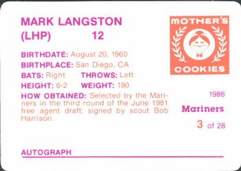 1986 Mother's Cookies Seattle Mariners #3 Mark Langston Back