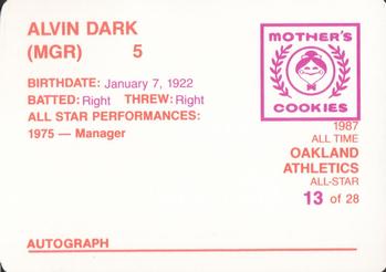 1987 Mother's Cookies Oakland Athletics #13 Alvin Dark Back