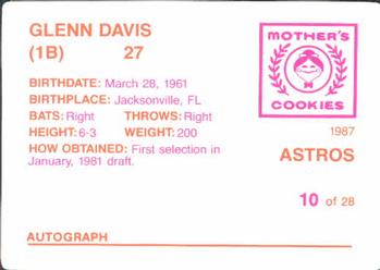 1987 Mother's Cookies Houston Astros #10 Glenn Davis Back